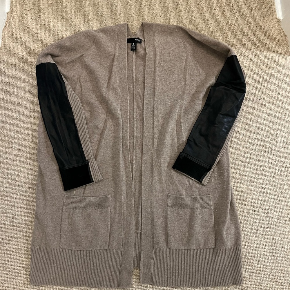 Women's Aqua Brown Cashmere Cardigan with Faux Leather Sleeves